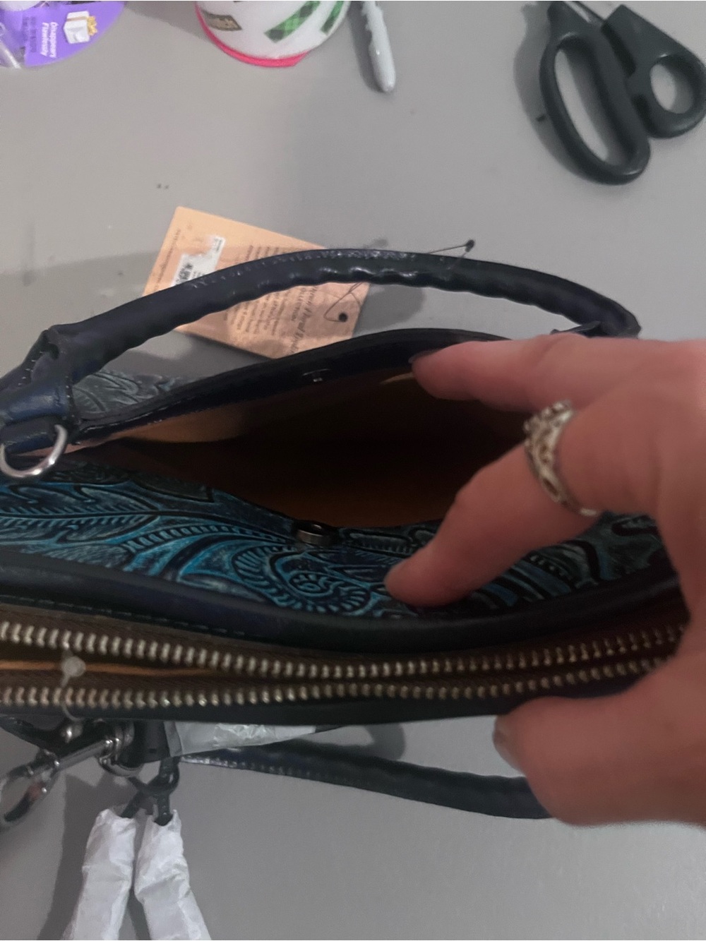 Blue Embossed Floral Leather Tote - Picture 11 of 11